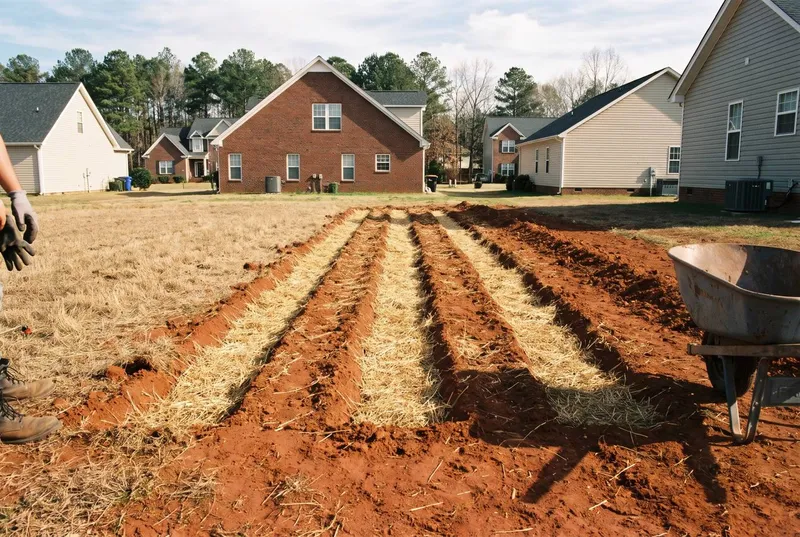 Five freshly backfilled drain field trenches in a Waxhaw backyard (sample photo)