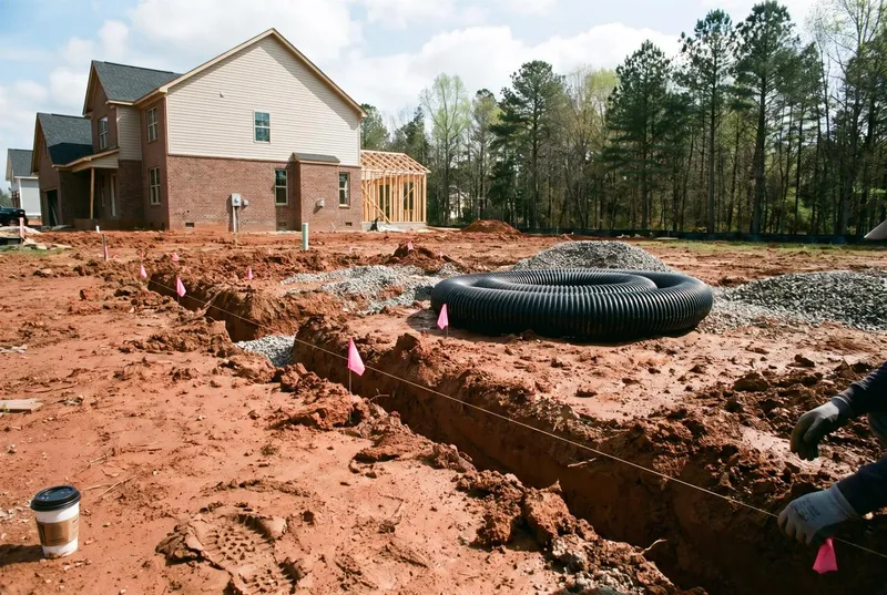 Septic trenches staked beside a house under construction in Wingate (sample photo)