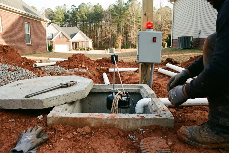 An open pump tank with a float tree and alarm panel in Stallings (sample photo)