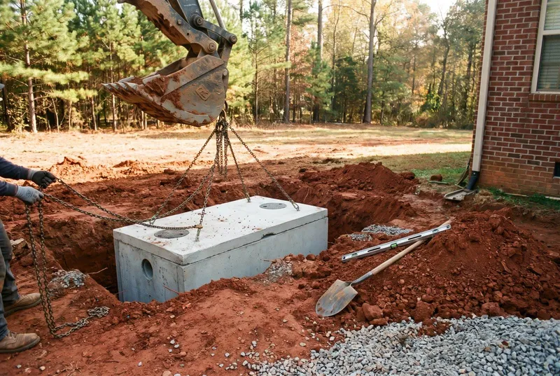 A precast concrete septic tank being lowered into an excavation in Waxhaw (sample photo)