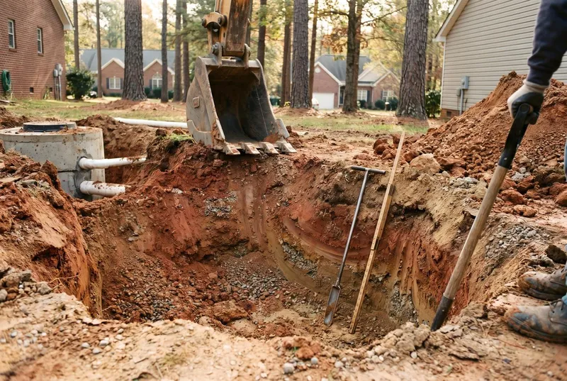 A backhoe pit showing layered red clay for a soil evaluation (sample photo)